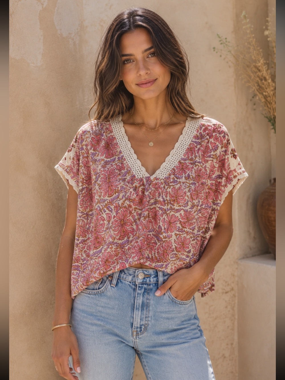 NWT Free People Pink Purple Hibiscus Floral Crochet V-Neck Boho Crop Top XS